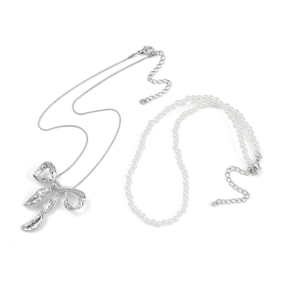 Double Bow Necklace Set Silver