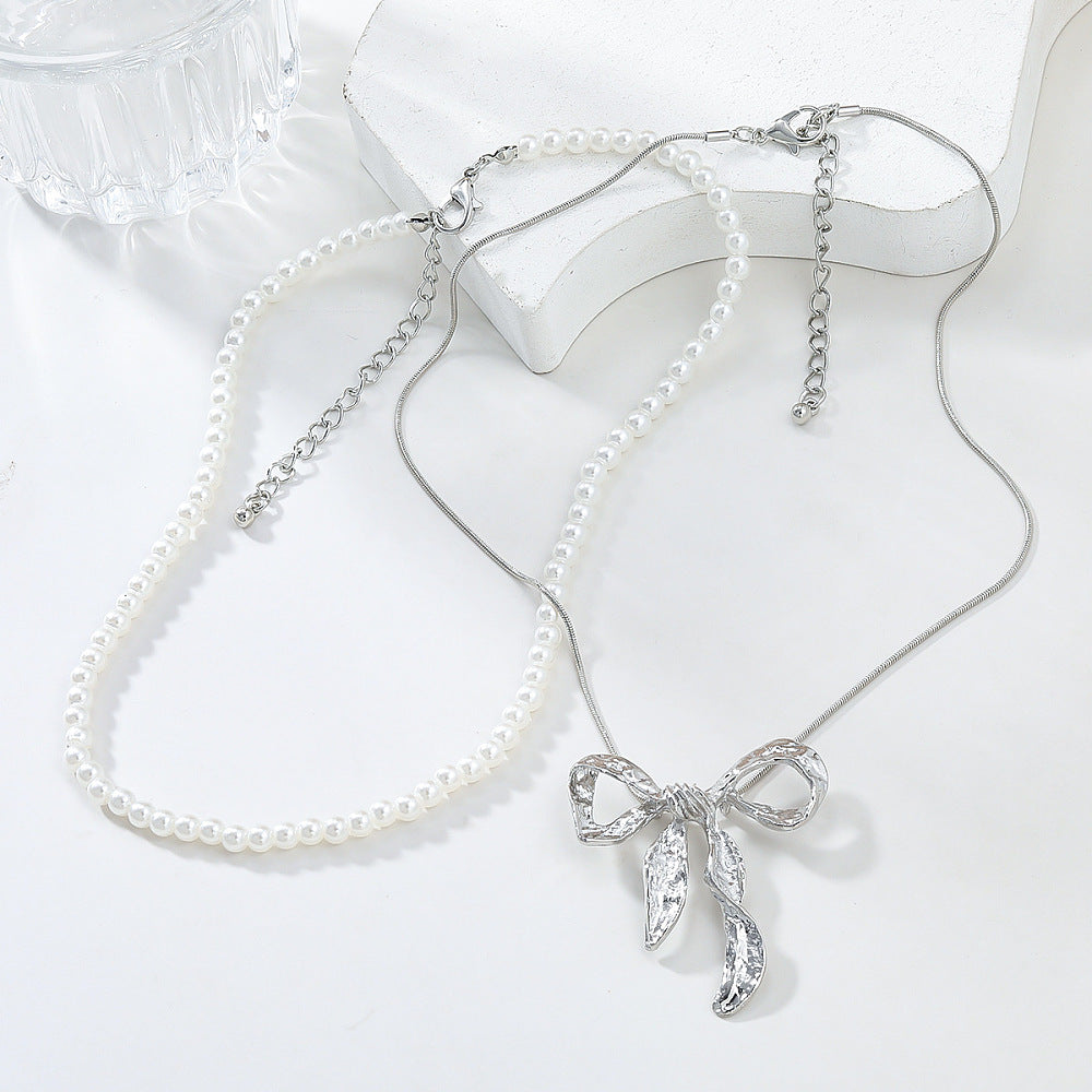 Double Bow Necklace Set Silver