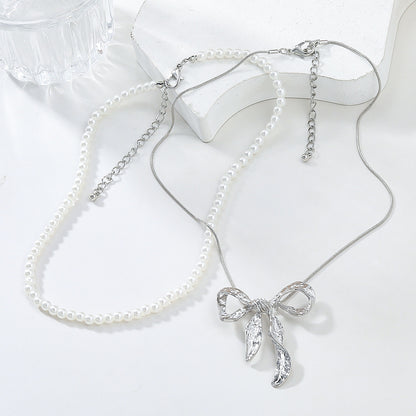 Double Bow Necklace Set Silver